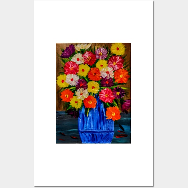 Beautiful floral paintings with abstract flowers in a blue vase Wall Art by kkartwork